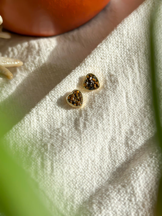 Tiger’s Eye Heart Studs: Grounding Love